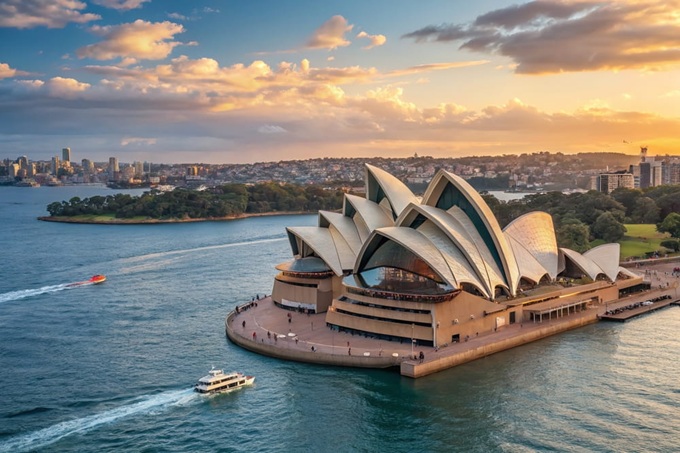 Opera v Sydney a panorama přístavu při západu slunce
